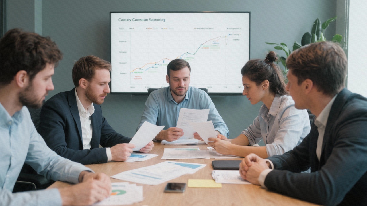 Consultancy team engaged in collaborative meeting with startup founders around a table reviewing project timelines and investment documents