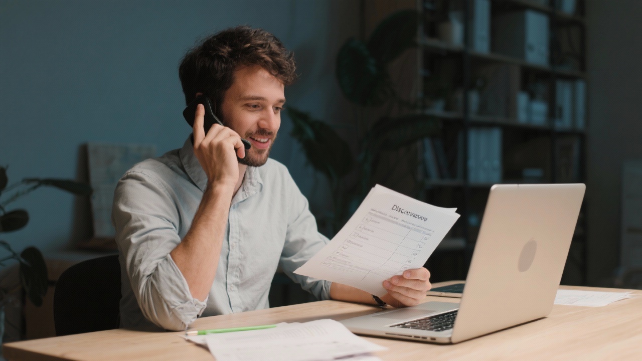 Startup founder holding discovery call with consultant through laptop while reviewing shared documents and structured preparation checklist