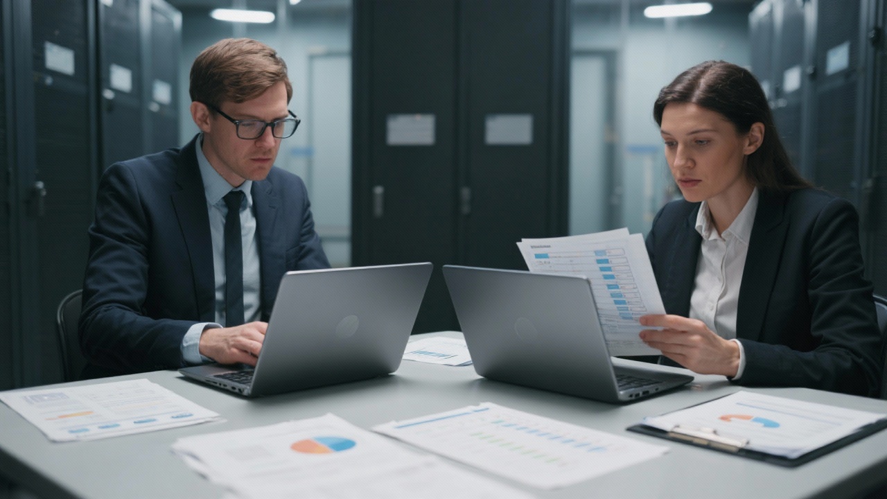 Two consultants conducting due diligence review over secured laptops with compliance checklists and financial statements in a protected data room environment