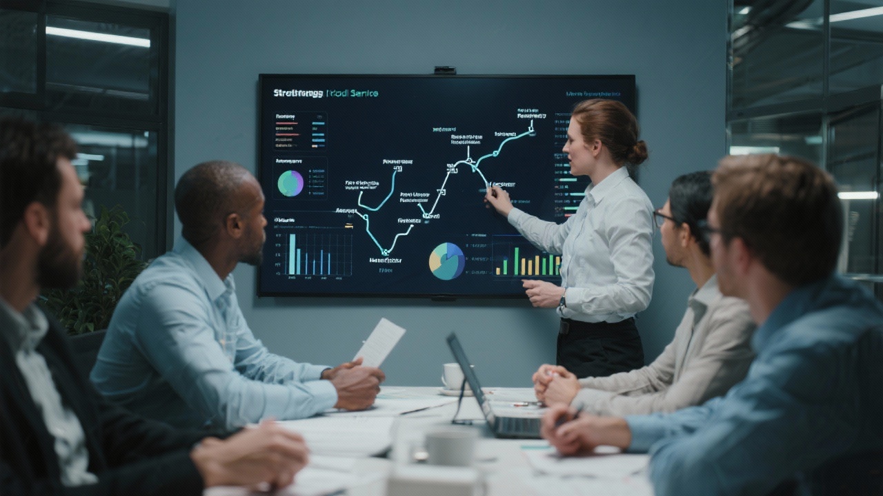 Strategic planning session with consultants mapping service roadmaps on digital boards while reviewing startup performance analytics