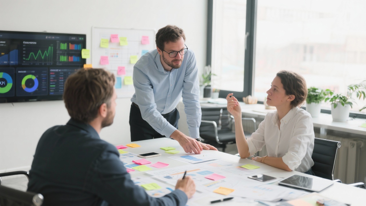 Consultants guiding founders through strategic workshop with sticky notes, KPI dashboards, and collaborative planning materials in a bright workspace